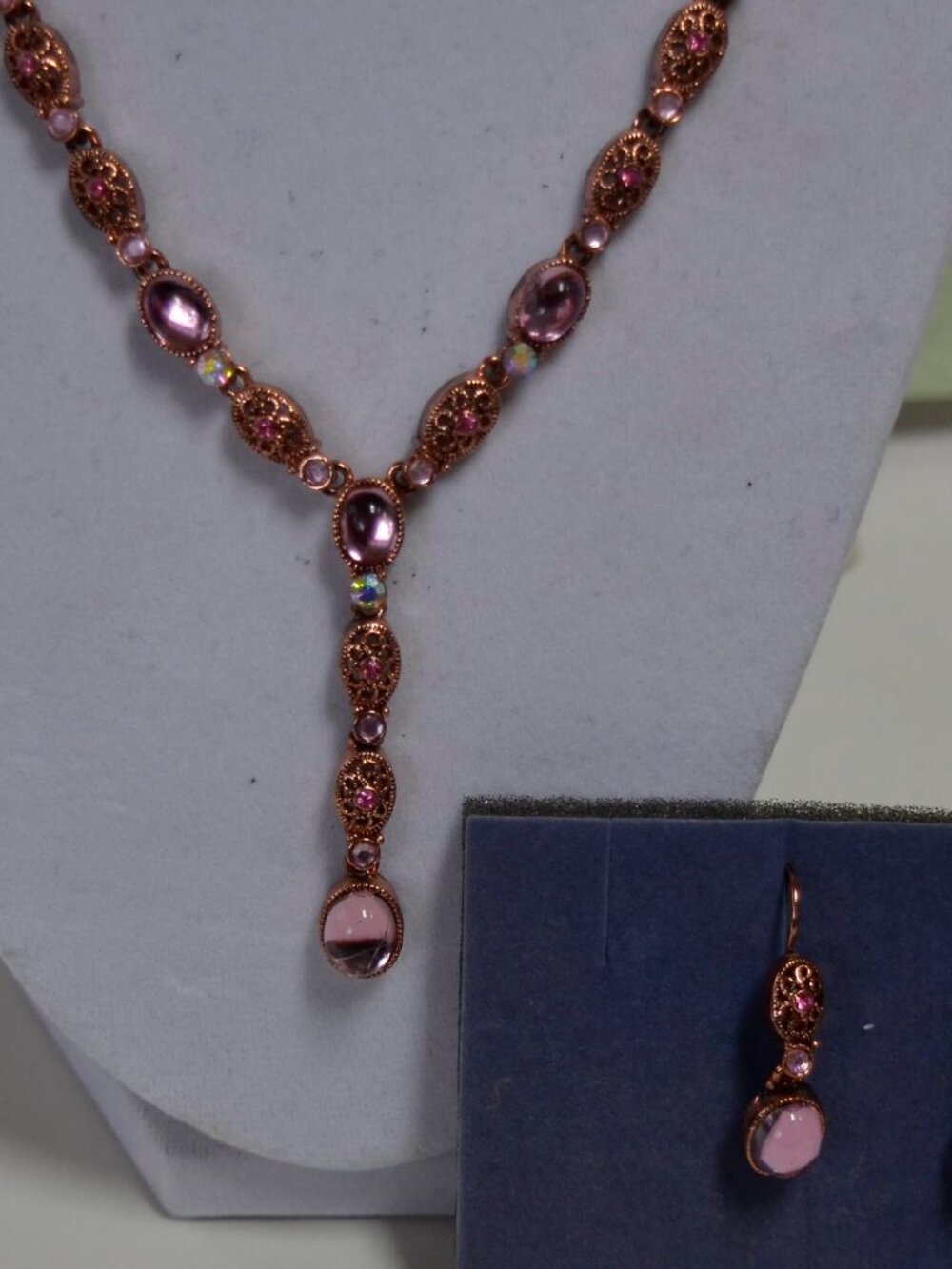 Avon Coppertone and Pink "Y" Necklace & Earrings Set